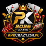 PK2026 Game casino logo featuring poker cards, dice, slot machine elements, and the Apkcrazy.com.pk website branding.